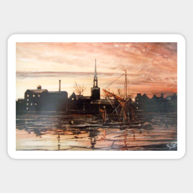 SAILING BARGE PASSING ST MARY'S CHURCH ROTHERHITHE LONDON Sticker by MackenzieTar